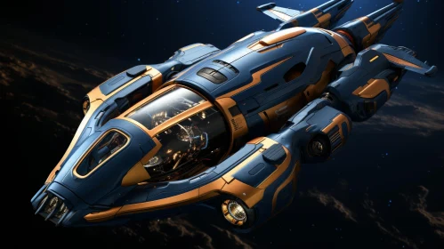 Futuristic Blue and Gold Spaceship in Space