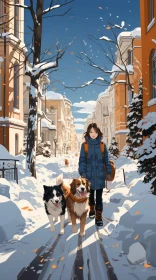 Girl Walking Dogs in Snowy Street Painting