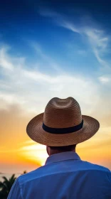 Man in Straw Hat Watching Sunset over Ocean