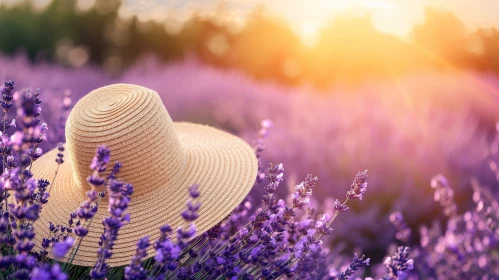 Tranquil Lavender Field at Sunset with Straw Hat