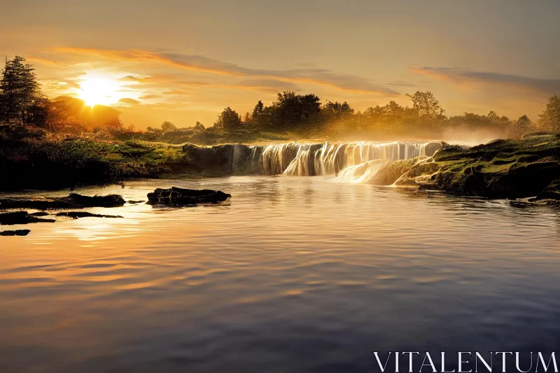 Captivating Sunrise Over Majestic Waterfall - Ethereal Landscape Art AI Image