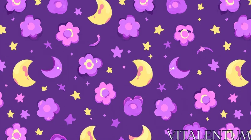 AI ART Cheerful Cartoon Moons and Stars Pattern on Purple Background