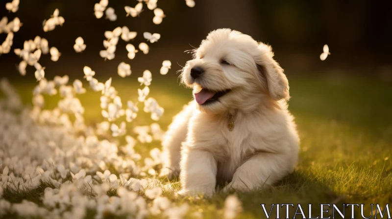 Golden Retriever Puppy in Field of White Flowers AI Image