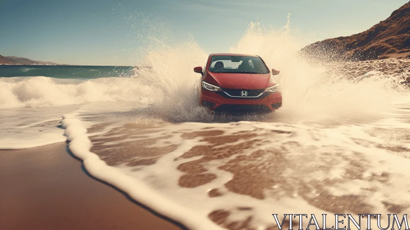 Red Car Surfing Wave of Water - Captivating Commercial Imagery AI Image