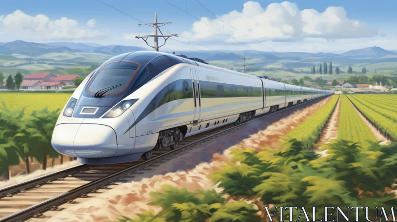 Sleek White and Blue High-Speed Train in Rural Scenery AI Image