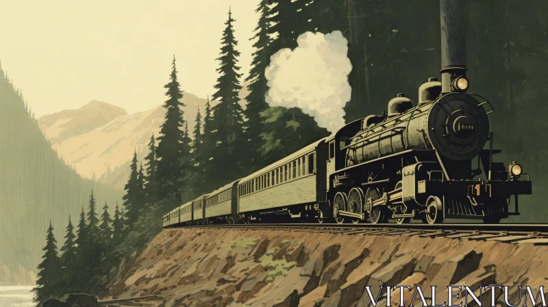 Steam Locomotive Train in Mountain Pass AI Image