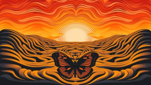 Surreal Butterfly Landscape with Red and Orange Sky