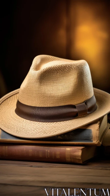 Vintage Style Close-up: Straw Hat on Stack of Old Books AI Image