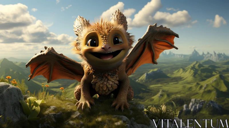 Baby Dragon 3D Rendering in Mountain Landscape AI Image