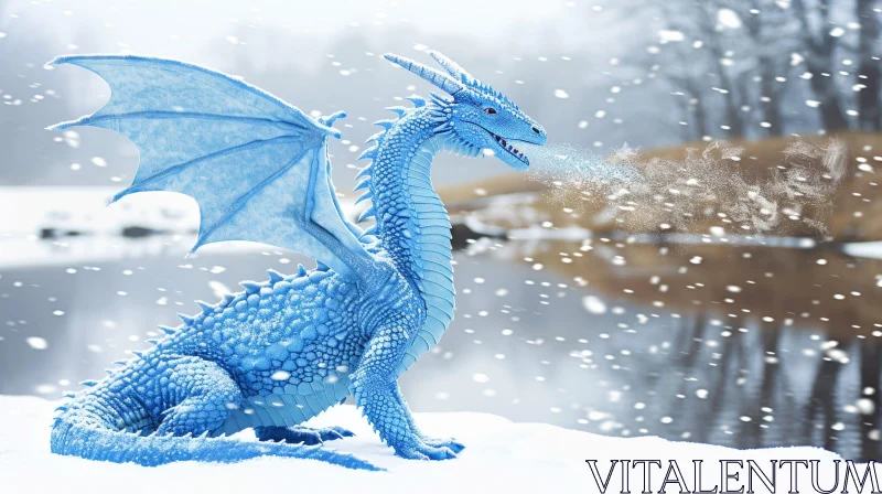 Blue Dragon Digital Painting in Winter Scene AI Image