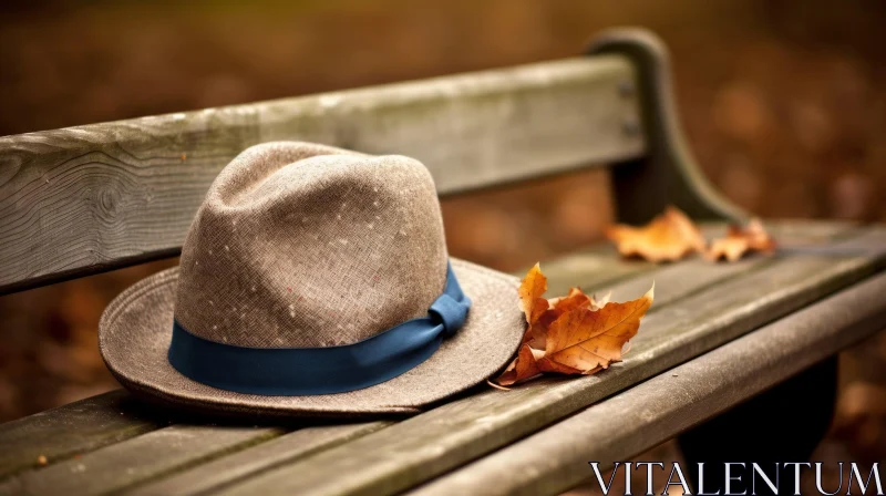 Brown Hat with Blue Ribbon on Wooden Bench in Park AI Image