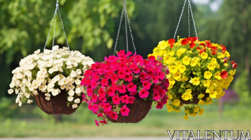 Colorful Petunias in Hanging Baskets - Floral Beauty AI Image