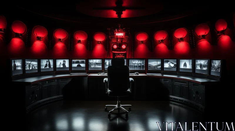 AI ART Futuristic Control Room with Red Lighting and Multiple Monitors