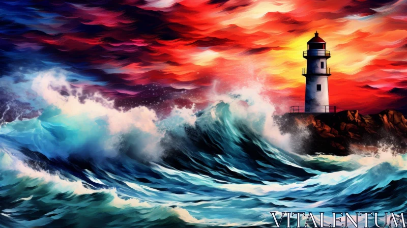 Lighthouse in Storm Painting - Nature's Power Captured AI Image