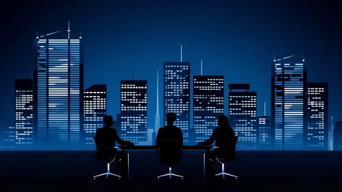 Night Cityscape with People in Conference Room