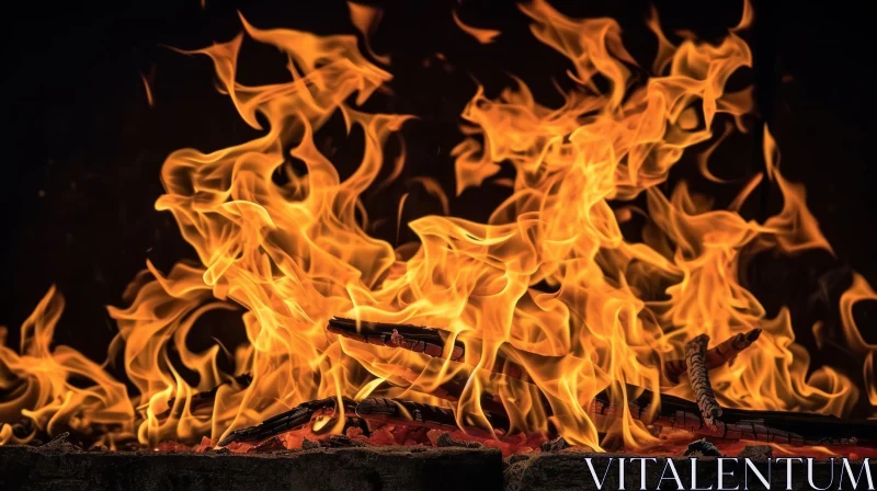 Night Fire in Brick Fireplace AI Image