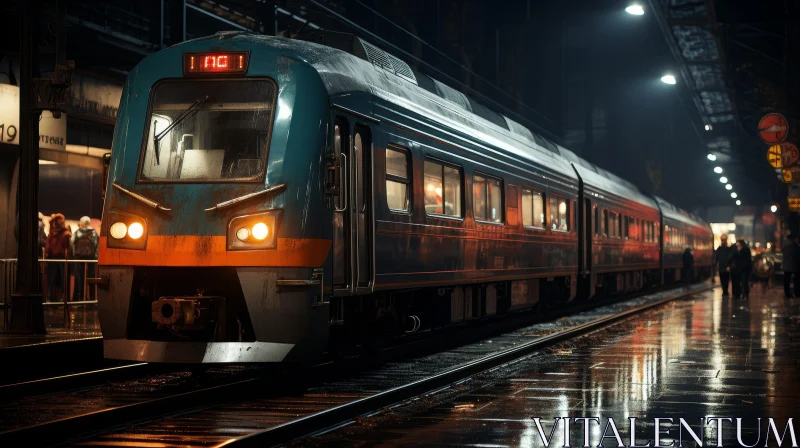 Night Train at Railway Station - Illuminated by Lights AI Image