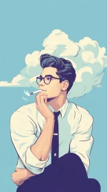 Pensive Man Smoking Cigarette Illustration