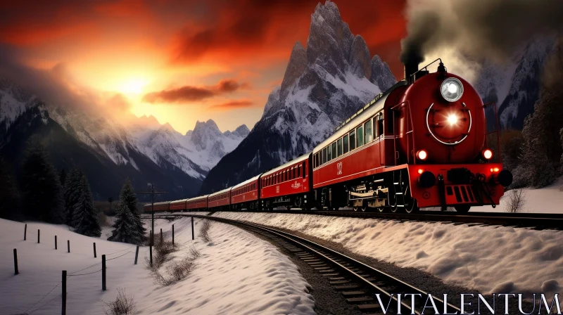 AI ART Red Steam Train in Snowy Mountain Pass at Sunset