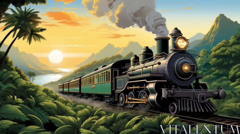 Steam Train in Lush Tropical Landscape AI Image
