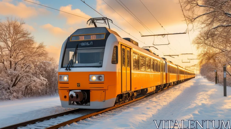 Yellow and White Electric Train in Snowy Forest at Sunset AI Image