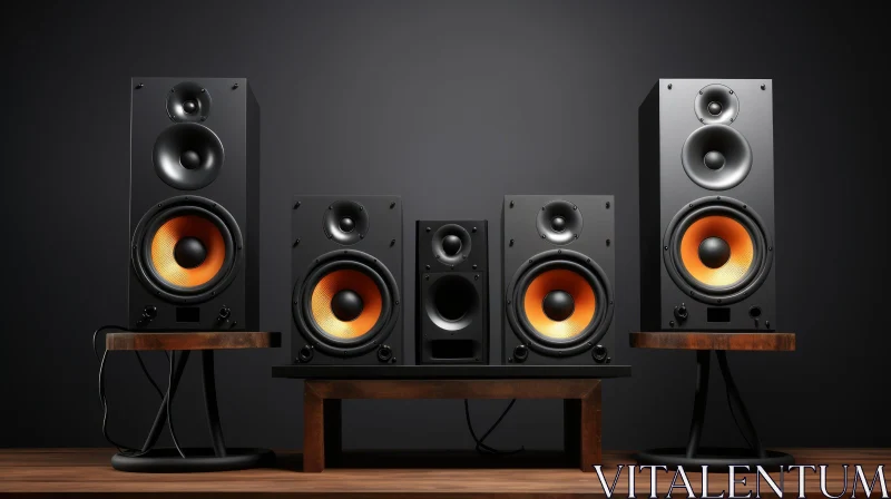Black and Orange Speakers on Wooden Table AI Image