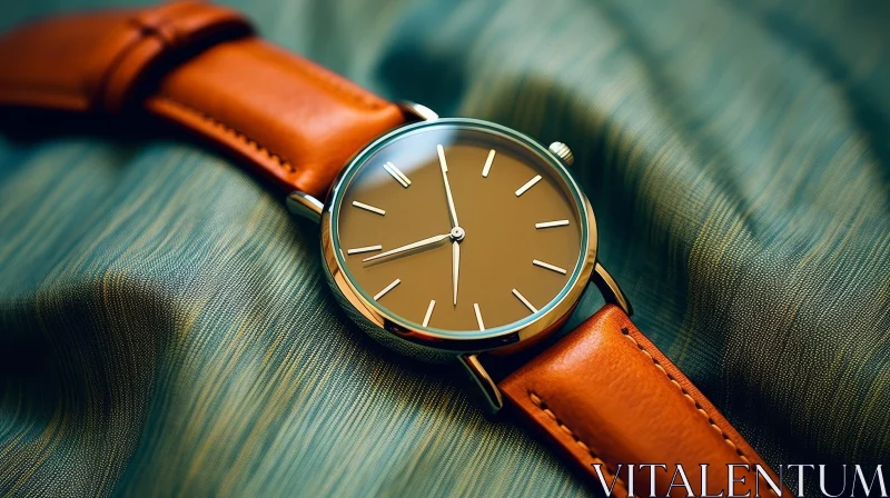 Brown Leather Strap Wristwatch on Green Cloth AI Image
