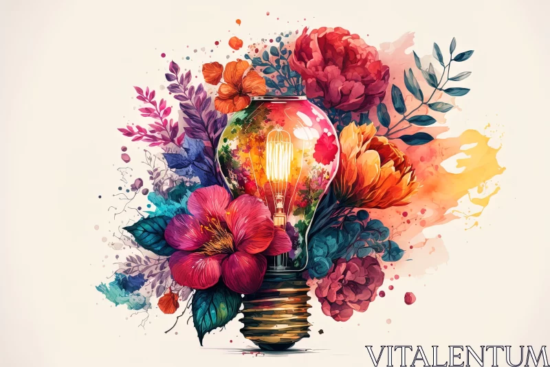Colorful Light Bulb with Flowers - Abstract Watercolor Illustration AI Image