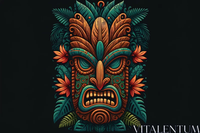 Enigmatic Tiki Mask with Tree Leaves and Flowers | Hyper-detailed Illustration AI Image