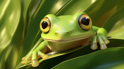 Green Frog on Leaf - 3D Rendering