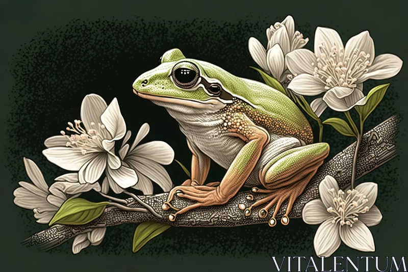 Intricate Hyper-Realistic Frog on Tree Branch with Flowers Royalty