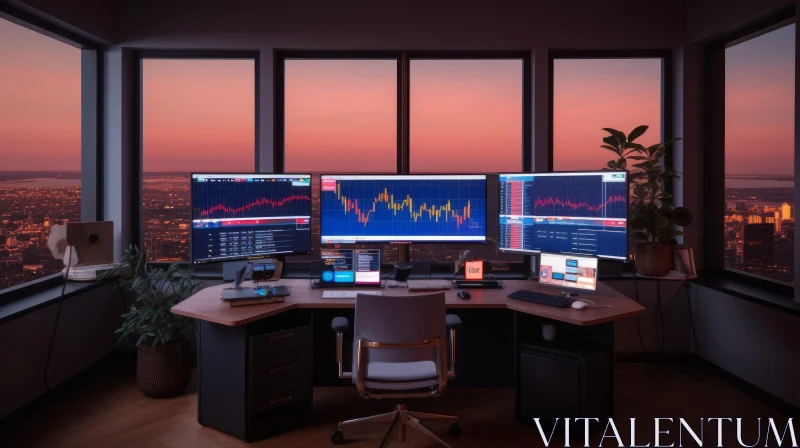 Modern Office with Computer Monitors and Trading Platform AI Image
