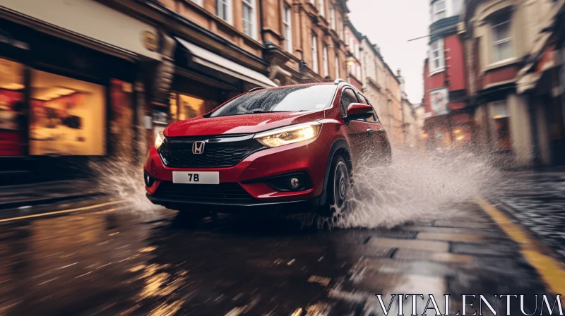 Red Honda HRV Splashing on Wet Roads | Moody Lighting AI Image