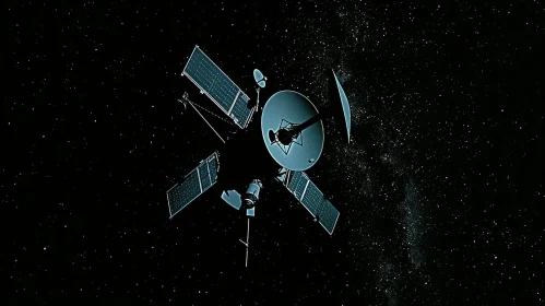 Spacecraft Orbiting Planet with Solar Panels | Starry Background