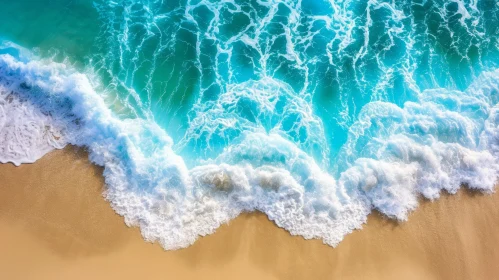 Top View Beach Scene with Turquoise Ocean Waves