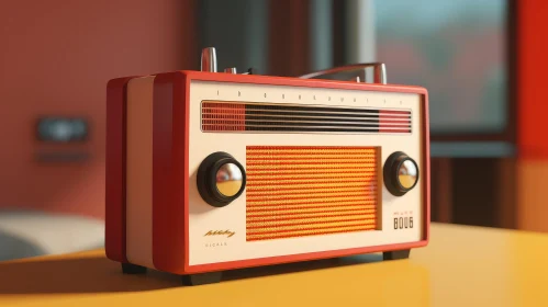 Vintage Red Radio Artwork on Yellow Table