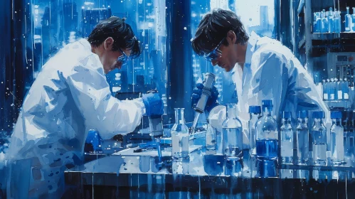 Watercolor Painting of Scientists in Laboratory
