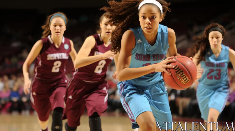 Young Female Basketball Player Dribbling Past Defenders AI Image