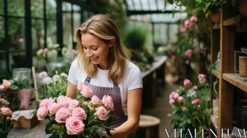 Young Woman in Flower Shop with Pink Roses AI Image