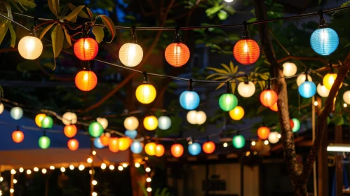 Colorful Paper Lanterns Hanging from Tree - Festive Glow