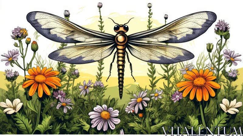 Dragonfly in Field of Flowers Illustration AI Image