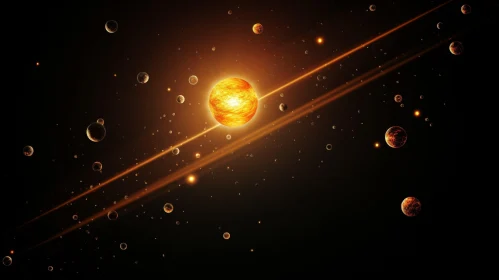 Enchanting Orange Sun and Planets in Cosmic Space