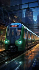Futuristic Green and Black Train Arriving at Modern Station