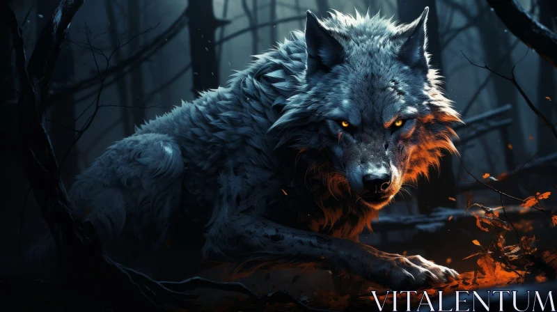 Powerful Wolf in Dark Forest Digital Painting AI Image