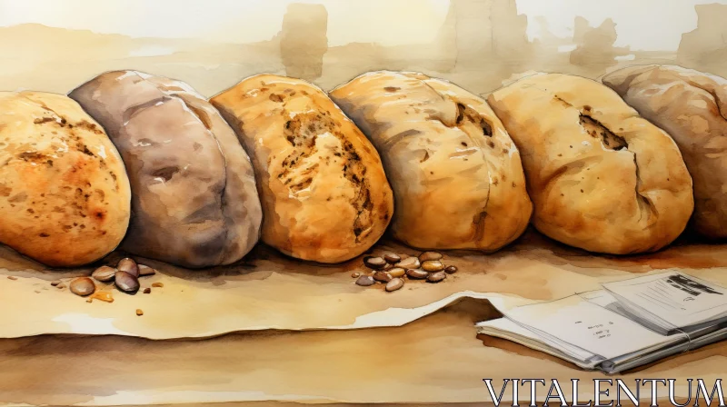 Realistic Watercolor Painting of Still Life with Bread and Nuts AI Image