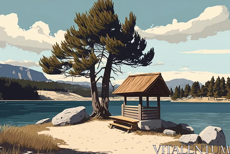 Serene Wood Cottage by the Lake - Graphic Composition in Turquoise and Beige AI Image