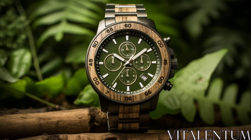 Stylish Wooden and Metal Wristwatch with Green Dial AI Image