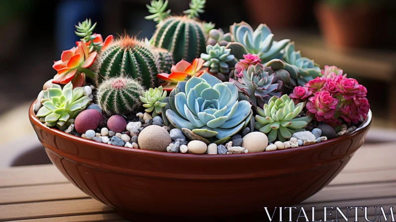 AI ART Succulents and Cacti Bowl on Wooden Surface