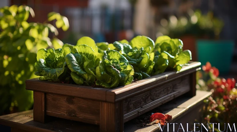 Wooden Box with Green Lettuce on Table AI Image