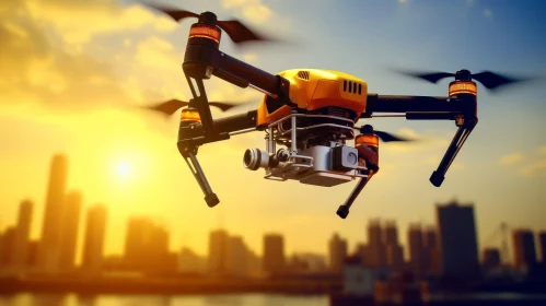 Yellow Drone Flying Over City at Sunset